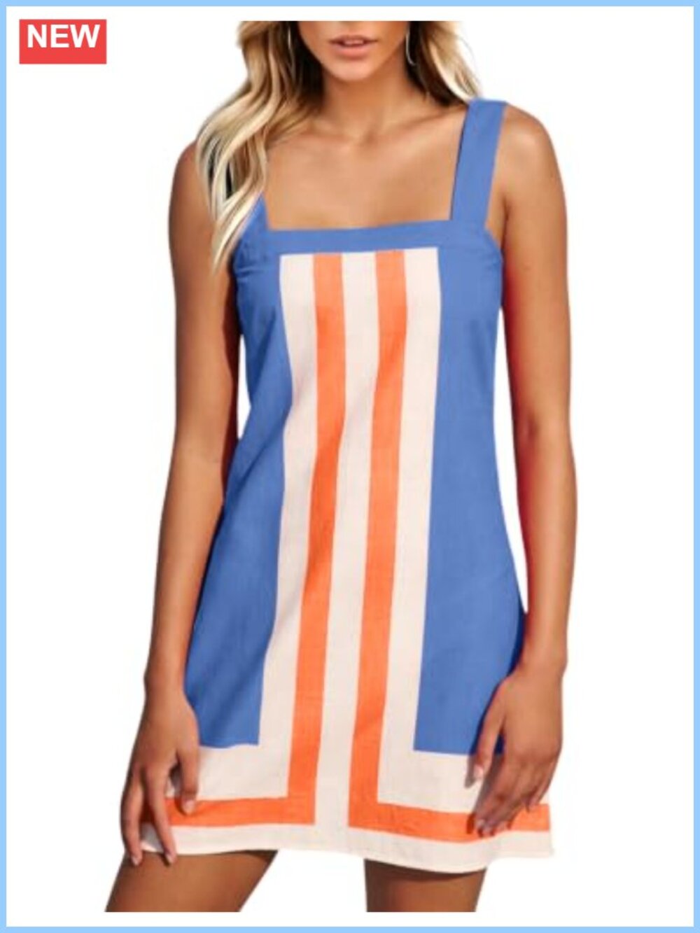 Women's Striped Mini Dress Boho Shoulder Strap Sundress Summer Beach Cover-Up